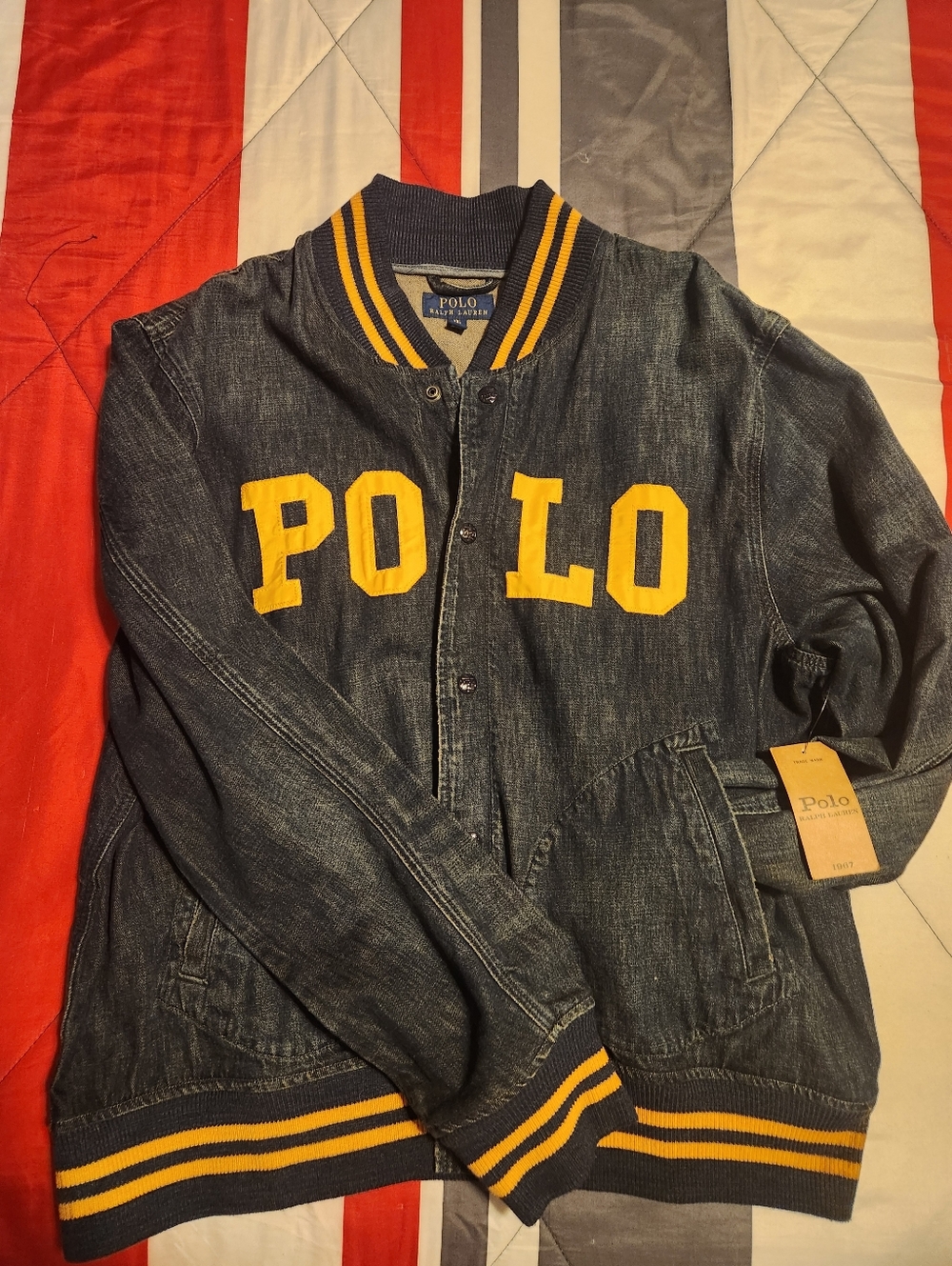 Polo by Ralph Lauren Navy Denim Bomber Jacket with Yellow Trim